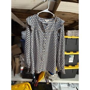 Cotton Bleu Geometric 3D Cube Print Ruffle Shoulder Button Up Blouse Blue Orange